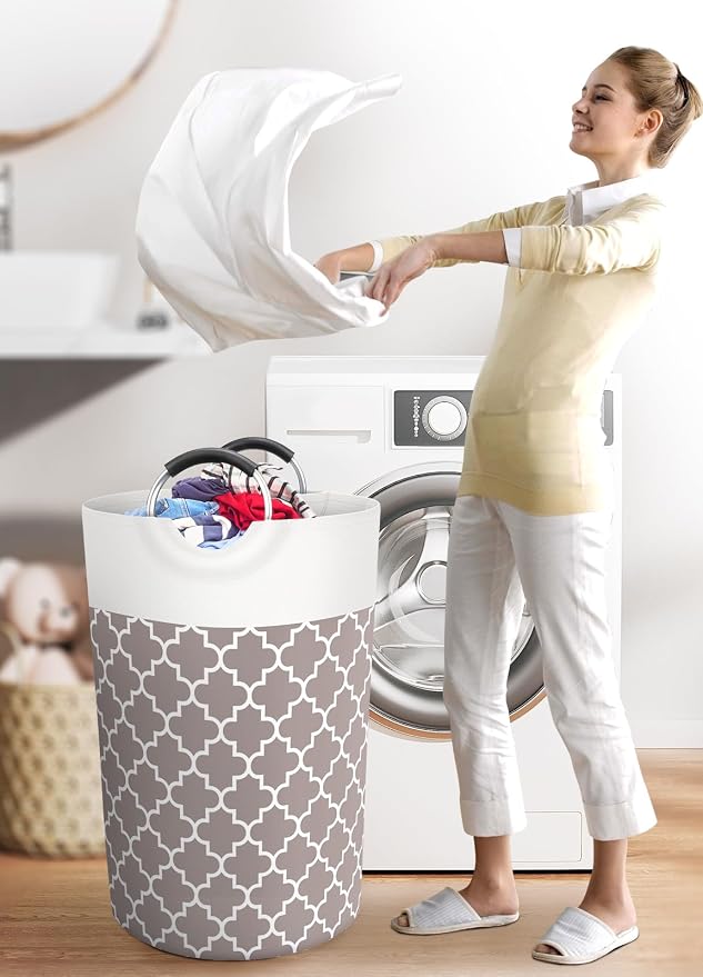 Large Laundry Basket, 115L Tall Collapsible Hamper with Handles, Khaki | Freestanding Laundry Hamper, Waterproof Dirty Clothes Storage Bag for College, Bathroom, Foldable Washing Bin for Travel