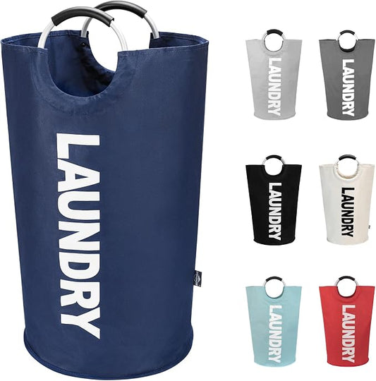 DOKEHOM 90L Large Laundry Basket Bag, Collapsible Tall Hamper, Dark Blue | Freestanding tall washing bin & foldable laundry bag. High-capacity clothes storage basket with durable sturdy handles