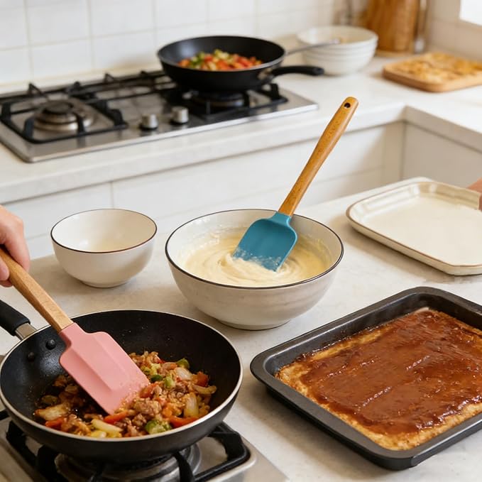 3PCS Heat Resistant Silicone Spatula Set, Silicone Spatula with Wooden Handle, Silicone Spatula Wooden Handle, Spatulas Silicone Heat Resistant Wood, Rubber Spatula for Baking Non-Stick Cooking Mixing