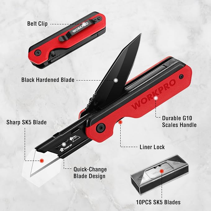 WORKPRO 2-in-1 Folding Knife/Utility Knife, Wood Handle, Red G10 Handle | Quick-Change Box Cutter, Liner Lock, Belt Clip, 10 SK5 Blades, Carton Cutting, Camping, Hiking, DIY Projects