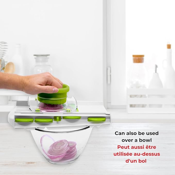 Starfrit Easy Mandoline Slicer, Dicer - 5-Blades - Straight & Crinkle Blades, Julienne, Grater & Shredder - Self-Feeding Pusher - Catch Base for Storage and Food Container