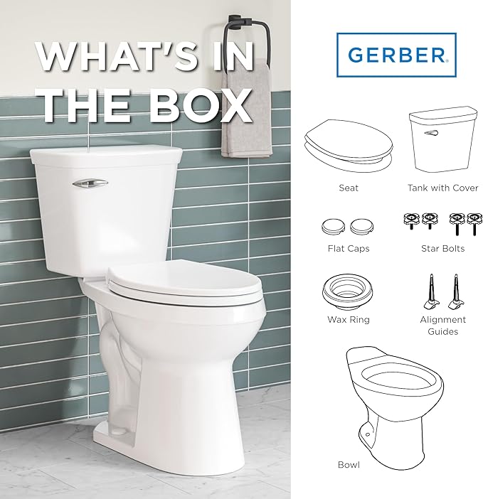 Gerber Viper Force Elongated Two-Piece Toilet with 12-in Rough-in, ADA Compliant Chair Height, High Efficiency 1.28 GPF, Soft-Close Seat and Install Kit with Wax Ring Included, White, GRS48352