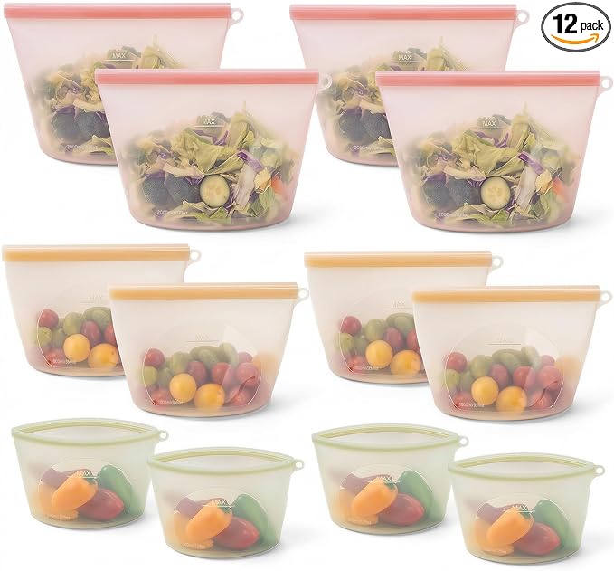 12-Packs Slider Reusable Silicone Food Storage Bags, 100% Silicone Stand-Up Wide-Open Leakproof Reusable Storage Bags for Food, Freezer Microwave Oven Dishwasher Safe, Eco-Friendly, Mixed 4L 4S 4XS
