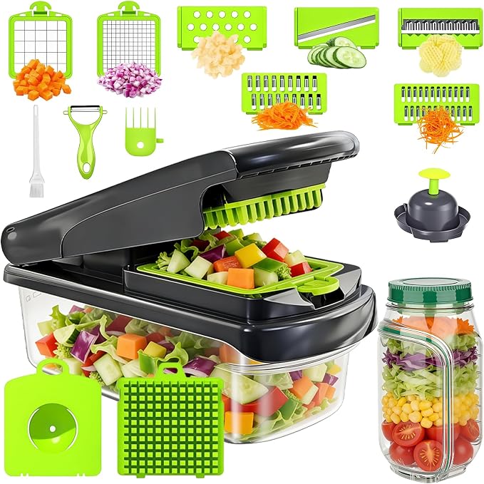 16-in-1 Vegetable Chopper with Container & Side-Opening Salad Jar – Perfect for Vegetable Salads at Lunch and Dinner.Chopper Set Functions as an Onion Chopper, Potato & Carrot Grater, and More.