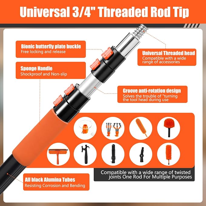 20FT Light Bulb Changer for High Ceilings Kit with Extension Pole Orange | Telescoping Lightbulb Changing Pole,Cobweb Brush Extendable Duster,Ceiling Fan Cleaner and Window Squeegee Cleaning