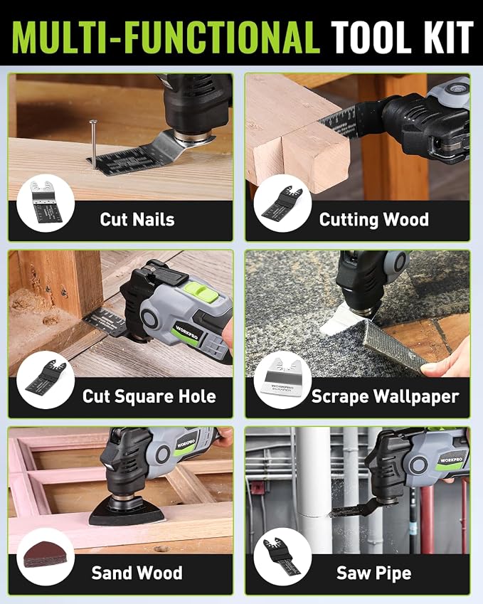 WORKPRO 20V Brushless Cordless Oscillating Multi-Tool Kit | 6 variable speeds, 3.6° oscillation angle, 21-piece accessories, 1 battery & storage bag, for DIY and home improvement