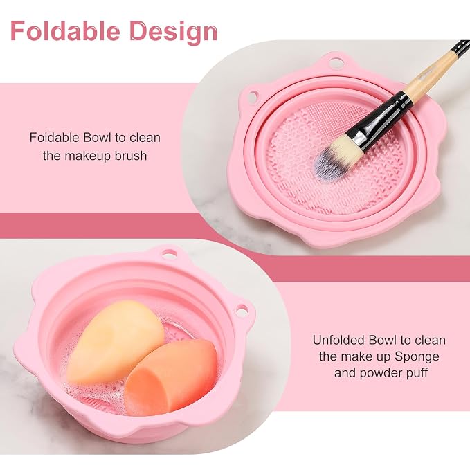 Foldable Silicone Makeup Brush Cleaner Bowl | Portable Cleaning Tool For Brushes, Powder Puffs, Sponges (Light Pink)