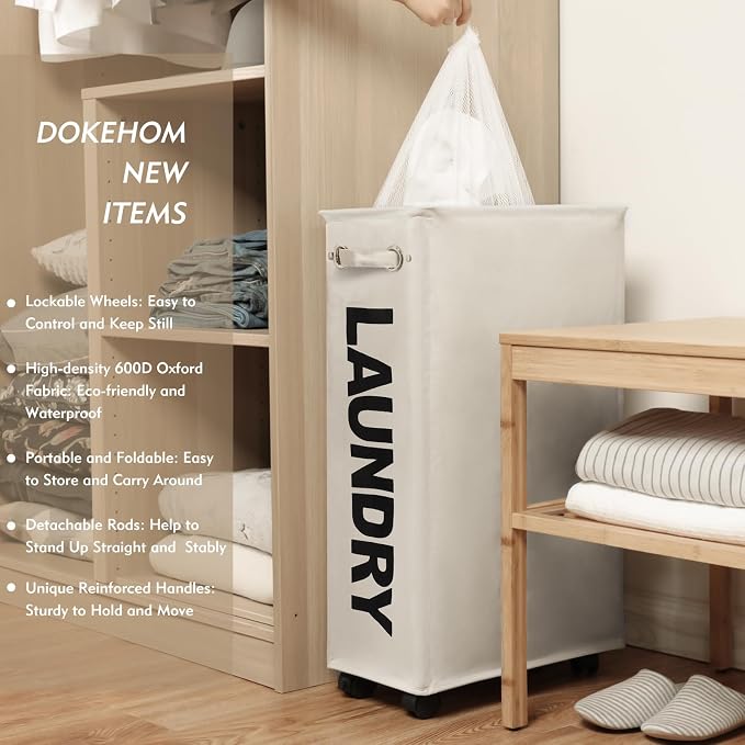DOKEHOM 29" Enlarged Slim Rolling Laundry Basket Hamper on Wheels, Beige | Collapsible tall laundry hamper with removable mesh wash bag. Foldable narrow corner clothes storage bin for small spaces