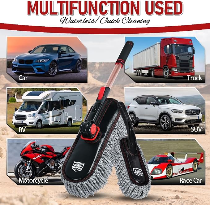 Car Duster Set, Microfiber, 3 Pcs | Lightweight telescoping pole for auto exterior. Sweeps dirt fast & is fully washable. Dash brush & storage bag included.