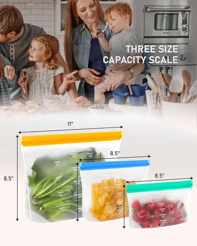IDEATECH Reusable Gallon Freezer Bags, Reusable Food Storage Bags, 6Pack | Leakproof, Dishwasher Safe, BPA-Free Food Grade, Large Size with Measurement Marks for Meat, Marinades & Freezer Storage