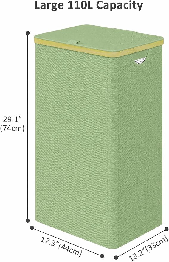 IEGrow Laundry Hamper with Lid,110L Laundry Basket with Mesh Bag,Green | Dirty Clothes Hamper Basket with Bamboo Handle for Clothes Towels Organization