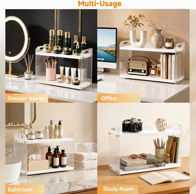2 Tier Coffee Station Organizer - Acrylic & Pine Wood Matcha Station(White) | 15.75" x6.18" x9.37", Easy-to-Clean coffee bar shelf for Kitchen Countertops, for Placing Mugs, Coffee Beans, Syrup, Cups etc