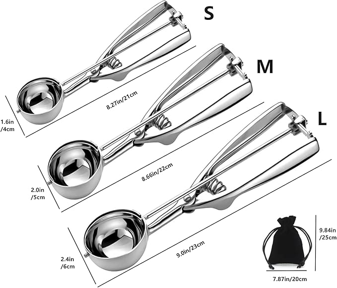 Ice Cream Scoop, 3Pcs Cookie Scoop Set, Stainless Steel Cookie Scoops for Baking Set of 3, Cookie Scooper for Baking, Ice Cream Scooper with Trigger Release, Cookie Dough Scoop