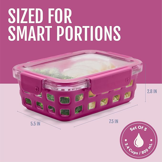 Ello Duraglass 3.4 Cup Meal Prep 10Pc,Set,Glass Food Storage Container with Silicone Sleeve and Airtight BPA-Free Plastic Lids,Dishwasher,Microwave & Freezer Safe,Evening Orchard,5 Count (Pack of 2)