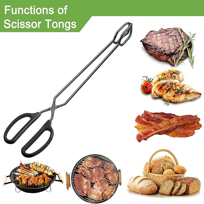 HINMAY 16" Extra Long Scissor Tongs, Stainless Steel Metal Kitchen Tongs for Cooking, Grilling & Serving (Black)