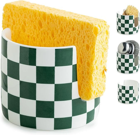 Zoeeker Ceramic Kitchen Sponge Holder, Dish Sponge Holder Suitable for Scrubby Farmhouse Drying Rack Brush Holder for Christmas Bathroom, Kitchen, Sink, Green and White