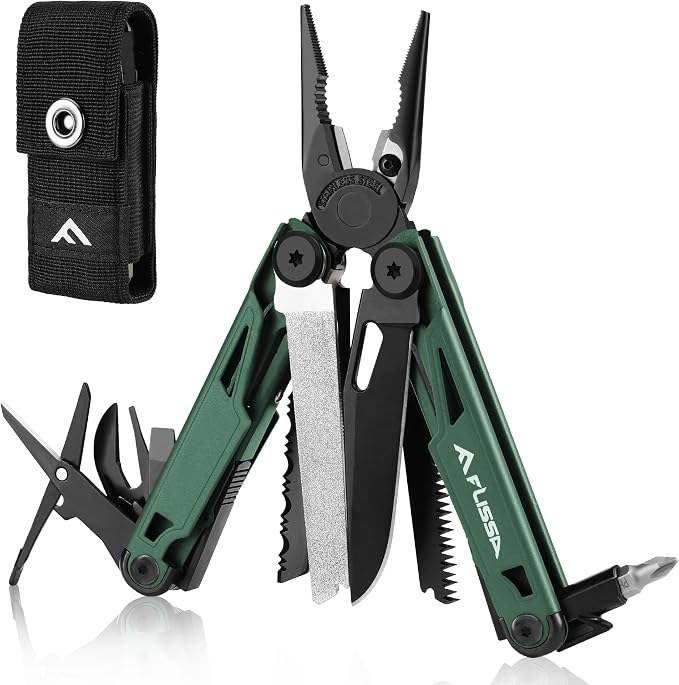 FLISSA 15-in-1 Multitool Pliers Stainless Steel EDC for Men | Pocket Knife with Sheath, Saw and Screwdrivers. Nylon Carry Case. Camping, Fishing, Gift， Survival