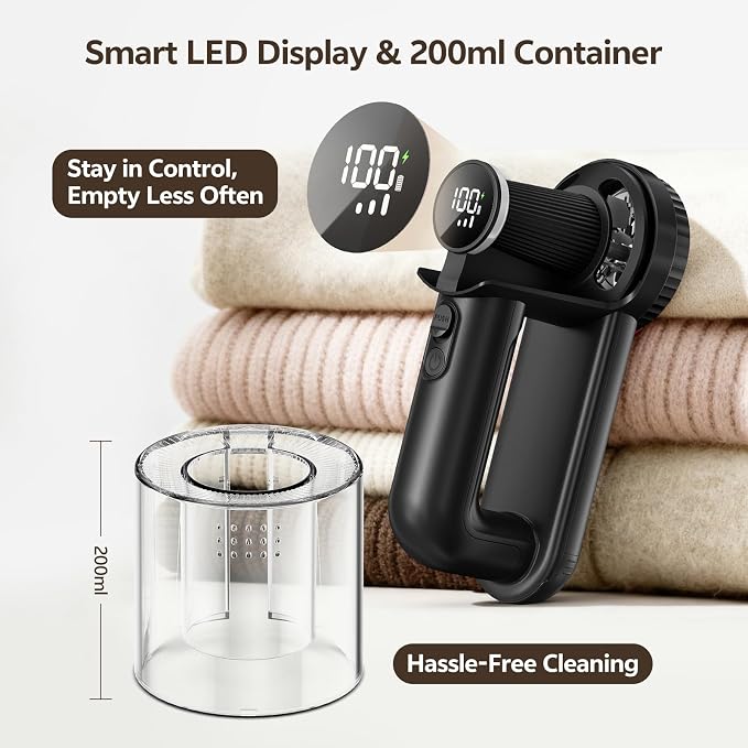 Rechargeable Fabric Shaver, 2-in-1 Lint Remover with 6-Blade | For sweaters, blankets, coats and cloth upholstery, with 200ml container, LED display, USB-C charging and 3 speeds