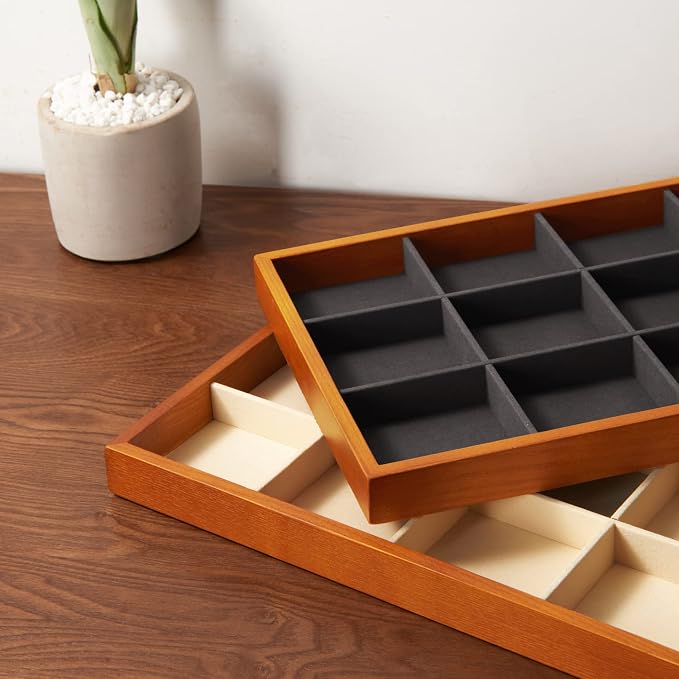 Oirlv Solid Wood Jewelry Tray,Jewelry Drawer Organizer,12 Grid(Grey) | Stackable Design,for Jewelry Necklaces Bracelets and Watches,Organizing and Presentinge Legantly on Dressers&in Dresser