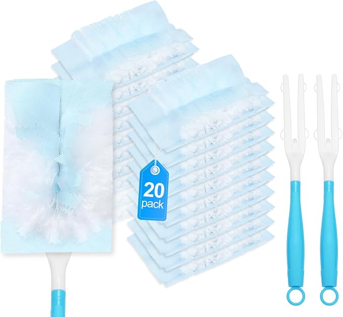 22 Pack Duster Refills w/2 Handles, Compatible with Swiffer Duster | Unscented Disposable Dusters Refills with 2 Detachable Handles, Heavy Duty for Furniture, Blinds, Lamps & Hard-to-Reach