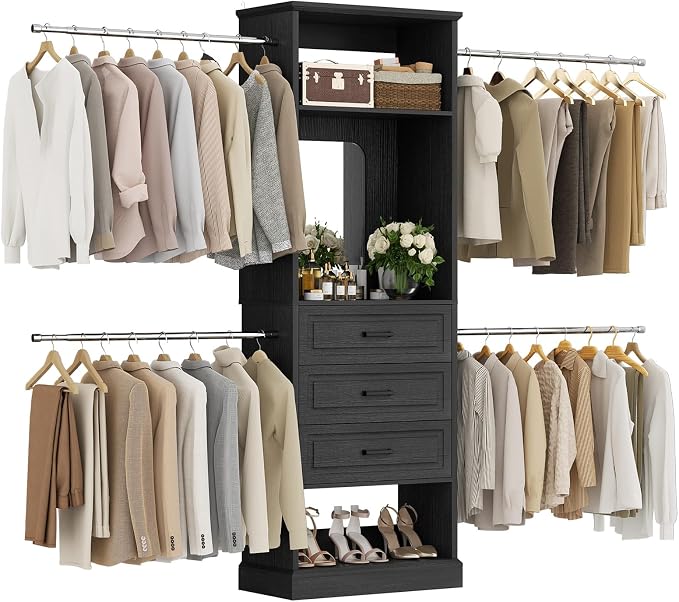 Unikito Closet System, 4FT - 9FT Closet Organizer with Mirror, Luxury Walk in Closet Insert with Drawers and 4 Hanging Rods, Sturdy Wood Wardrobe Closet Garment Rack with 25” Tower, Black