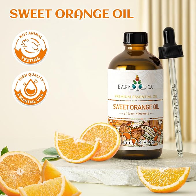 EVOKE OCCU Orange Essential Oil for Diffusers & Skin Care | Fresh Scent for DIY Cleaning Sprays, Candles & Soap Making, Aromatherapy to Lift Mood & Freshen Air – 118mL / 4 fl oz