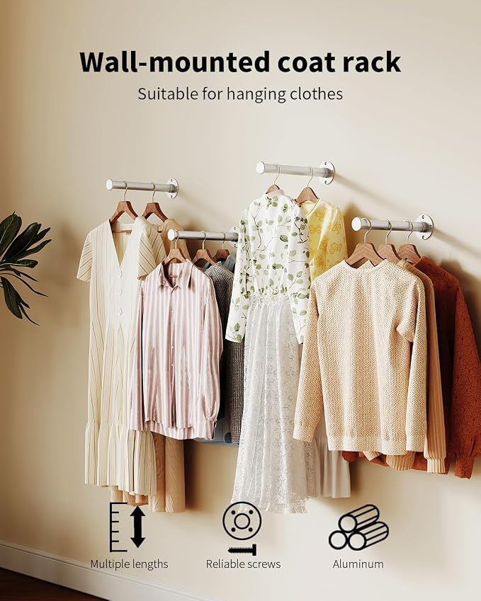 Metal Wall Mounted Clothes Rack, Aluminium Alloy Clothing Rack for Hanging Garments Wardrobe, Bedroom, Closet Organisation and Storage, Silver Color 8 Inches 2 Packs for Floating Shelves