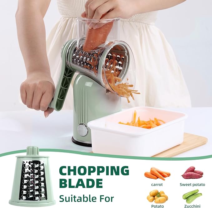 Rotary Cheese Grater with Handle, Vegetable Shredder with 5 Replaceable Blades & Strong Suction Base, Round Food Slicer & Chopper for Kitchen Fruit Vegetables Nuts with Blade Storage Box (Green)