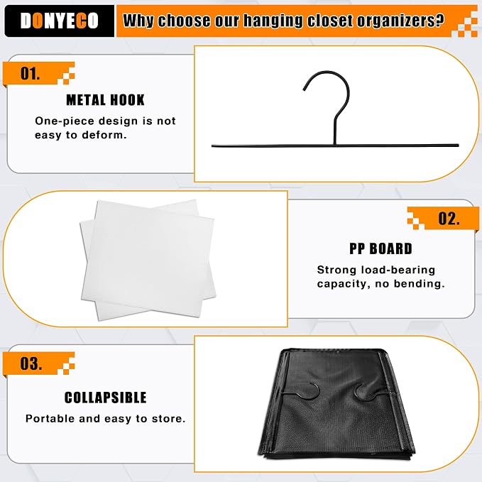 Hanging Closet Organizer 3-Shelf, Oxford Fabric Wardrobe Storage, Black | Easy-mount foldable design holds clothes, handbags, shoes & accessories; washable Oxford fabric, sturdy and space-saving.