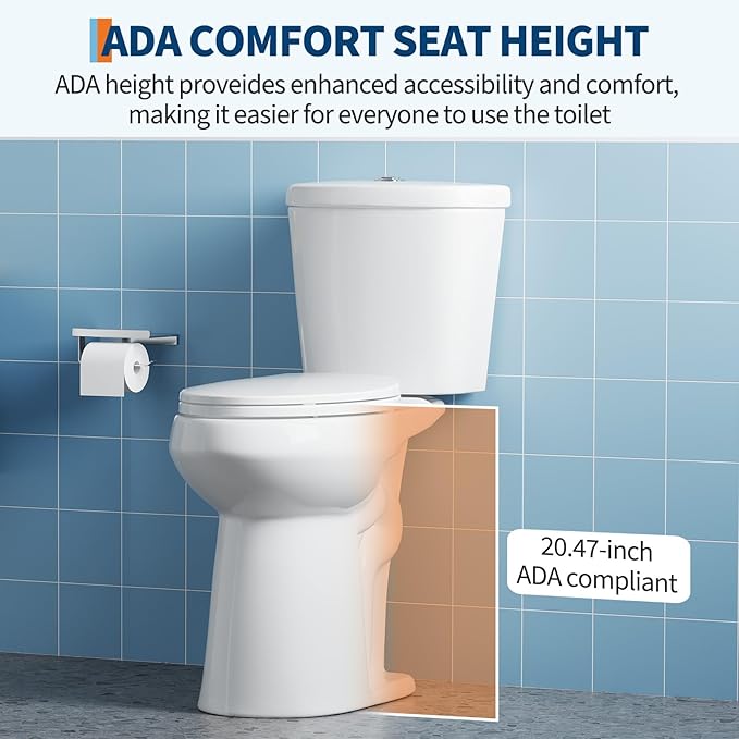 Two Piece Toilet with 21" Extra Tall Height, Elongated Ceramic Bowl and Locking PP Lid -Dual Flush, CUPC Certified, Water Efficient