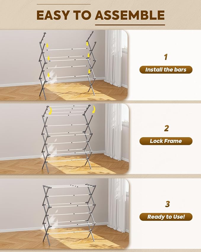KINGBOARD 3-Tier Extendable Clothes Drying Rack, Foldable, White & Grey | 37.4"H x 33.8"W x 11.2"D, Space-Saving Collapsible, Easy Assembly, Rust-Resistant Iron Frame, Indoor Outdoor Use, 25lb