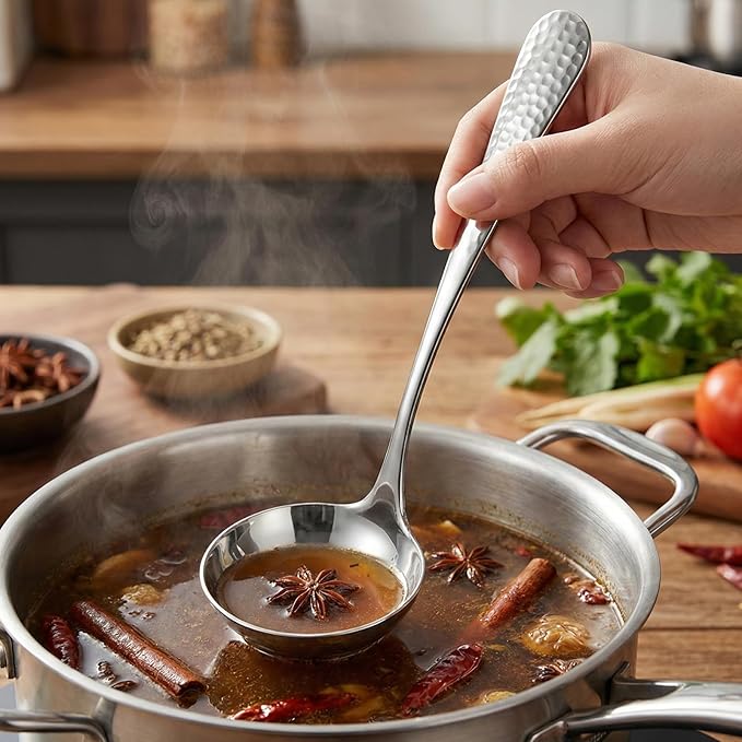 7.09 Inch Small Ladle Premium Stainless Steel Hammered Gravy Ladle Rustproof Kitchen Utensil for Serving Soup Sauces Gravies Chili Stew and More Elegance Functionality (Silver)