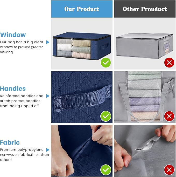 HomeHacks Storage 8-Pack Clothes Organizer Storage Bags Foldable Storage Box with Large Clear Window Sturdy Handles for Closet, Dorm, Pillows, Bedding, Clothes, Blankets, 35L, Blue