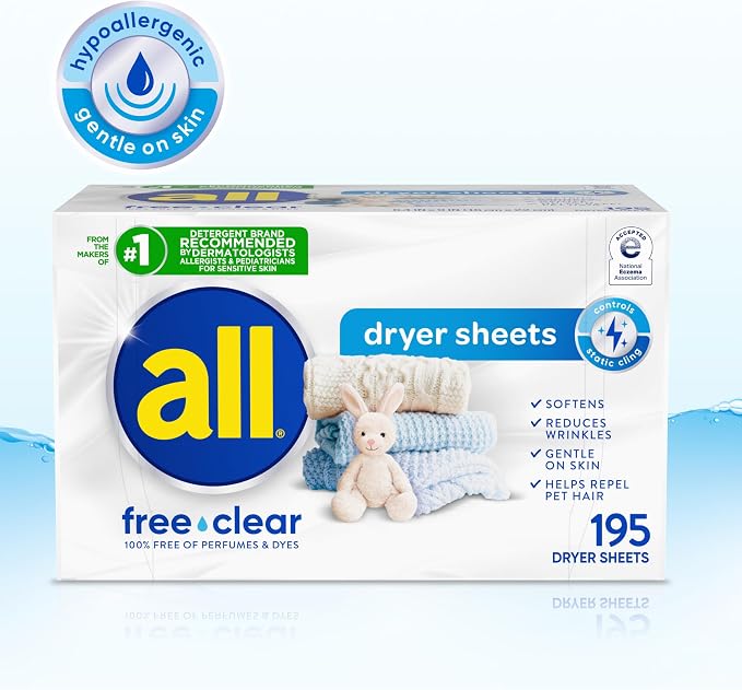 all free clear Fabric Softener Dryer Sheets for Sensitive Skin, 195 Count, Hypoallergenic, Unscented, Dye Free, Controls Static Cling, Reduces Wrinkles, Dermatologist Tested, HE Safe