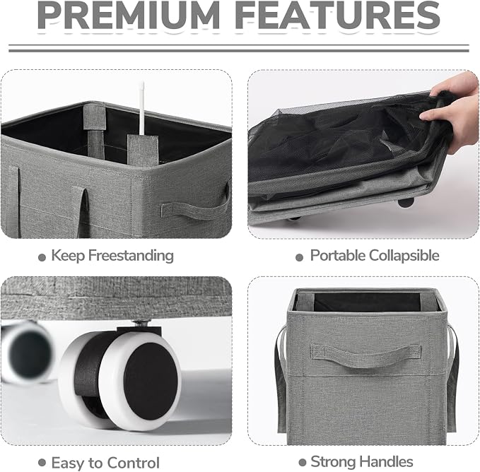 CHICVITA 100L Slim Laundry Basket with Wheels & Wash Bag, Light Grey | Removable wash bag, space-saving slim design for bedroom and college dorm. Rolling clothes hamper