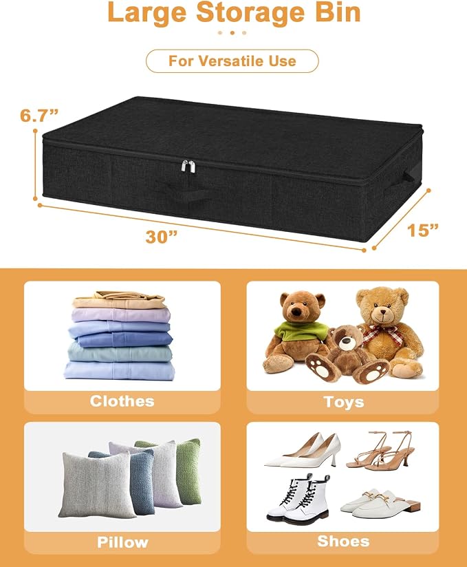 Under Bed Storage Container, 3 Pack Underbed Storage Bags With Lid, Foldable Sturdy Clothes Storage Organizer W/ 3 Handles, Ultra Thick Fabric Blanket Shoe Storage Box, 30x15x6.7inch, Black, 50L | Sturdy Sides and Bottom wieh Ultra-Thick Fabric and 3 H...