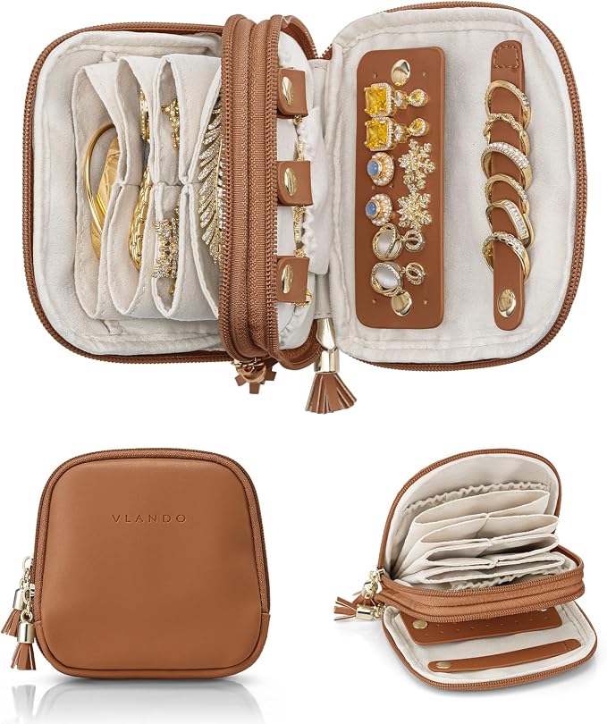 VLANDO 2-Layer Jewelry Travel Organizer for Necklaces,Rings,Earrings | Multi-Compartment Faux Leather Pouch with Velvet Lining Designed for Business Trips,Vacations,Daily Carry,Brown