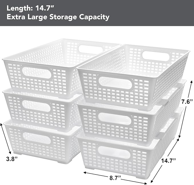 Tiawudi Stackable Woven Plastic Basket, Storage Bins for Cabinet, Closet, Shelf, Under Sink and Countertop, Pantry Organizer Bins, 6 Pack