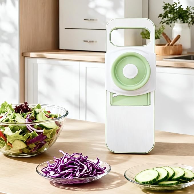 ZKIRON Stainless Steel Mandoline Slicer for Kitchen, 6-in-1 Handheld Vegetable Slicer with 360° Full-Cover Safety Guard, Potato Cucumber Julienne Shredder Grater, Compact Salad Prep (Mint Green)