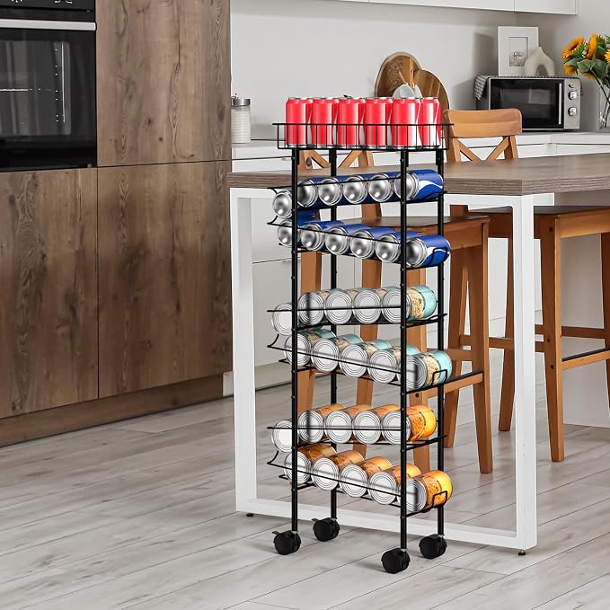 MOOACE Slim Soda Can Storage Cart with Wheels, Canned Food Organizer, Black | Rolling Cans Dispenser Rack, Top Basket, For Kitchen Pantry, Narrow Space