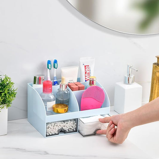 VITVITI Toothbrush Holders for Bathrooms Countertop, 5 Slots Toothpaste Bathroom Counter Sink Organizer with Drawers, Plastic Bathroom Organizer for Vanity/Makeup/Office Blue