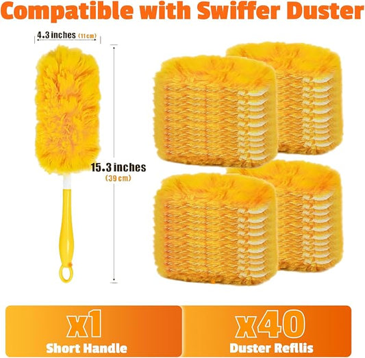 40-Pack Duster Refills Compatible for Swiffer Duster Refills, 360° Disposable Heavy Duster Dry Cleaning Cloth with 1 Short Handle, Multi-Surface Cleaning Kit for Blinds Bookshelf Ceiling Fans