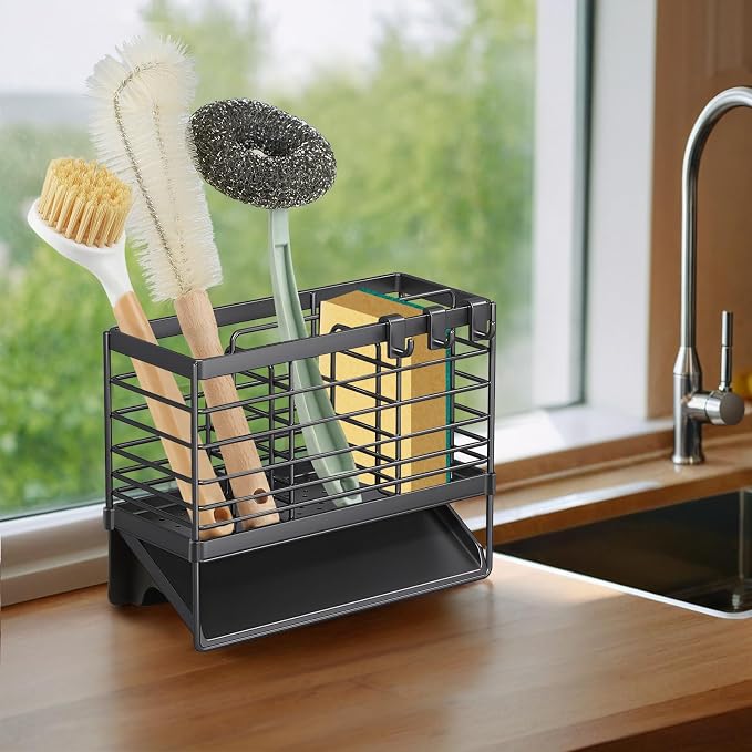 Utensil Holder, Stainless Steel Utensil Drying Rack with Plastic Automatic Drain Tray for Kitchen Counter, Compact Silverware Cutlery Drainer Basket for Spoons, Forks, Knifes, Chopsticks Organizer