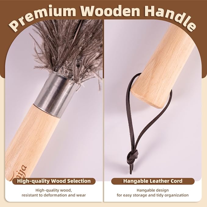 2 Pack Ostrich Feather Dusters for Cleaning with Wooden Handle, 13.5 inch | Natural Fluffy Ostrich Feathers, Washable & Reusable Dusters, Soft Cleaning Tools for Home, Car, Delicate Surfaces
