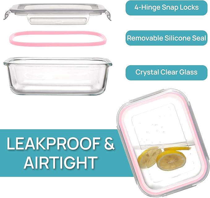 Vtopmart 5Pack 22oz Glass Storage Containers with Lids, Glass Meal Prep Food Container Sets with Snap Airtight Lid for Microwave, Oven, Freezer and Dishwasher, Pink