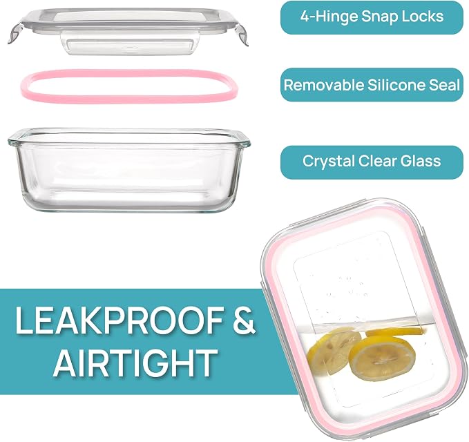 Vtopmart 5 Pack 35oz Glass Food Storage Containers with Lids, Meal Prep Containers, Airtight Reusable Lunch Container Set, Safe for Oven, Microwave, Freezer, and Dishwasher, Pink