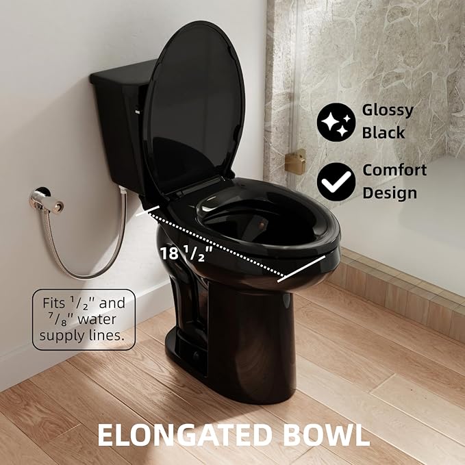 21 Inch High Black Toilet, Los Flexi Comfort 21" Extra Tall Toilets For Seniors, Elongated Bowl, Two-Piece Glossy Black Design, 1.28 GPF Single Flush, Soft-Closing Seat, 12-Inch Rough-In