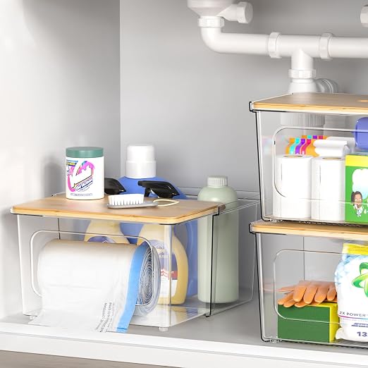iCASA Trash Bag Dispenser Holder - 2 in 1 Acrylic Under Sink Organizer | Garbage Bags Dispenser with Bamboo Lid, Holds up to 100 Count, 13/30/33 Gallon Bag Roll, Pantry Organization and Storage