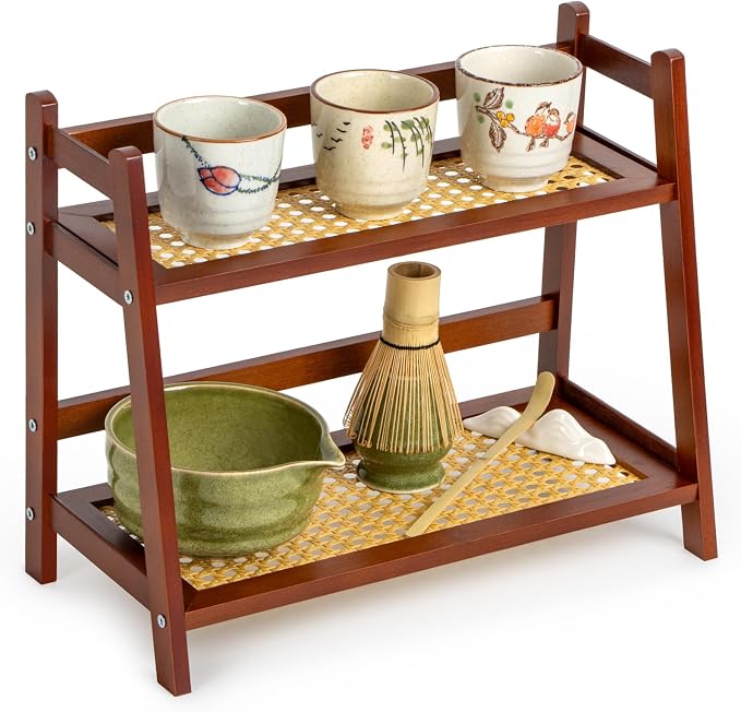 ANBOXIT Matcha Station Organizer, Countertop Bamboo Coffe & Tea Station | Rattan-Look 2 Tier Mug Holder Display Stand for Kitchen Condiment, Coffee Accessories, Home, Office - Brown