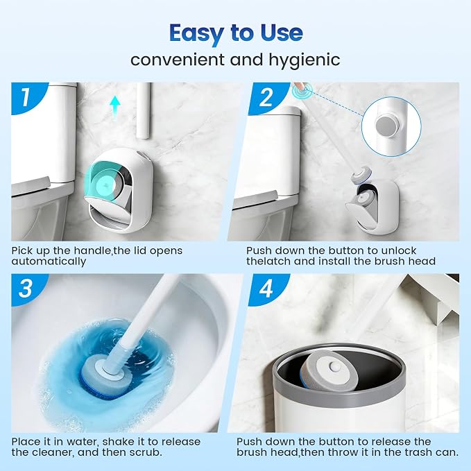 2 Pack Disposable Toilet Brush with 48 Refills, Toilet Bowl Cleaning System | Toilet Bowl Cleaner, Wall Mounted Toilet Bowl Brush and Holder Set for Deep Cleaning and Hygienic Bathroom Maintenance